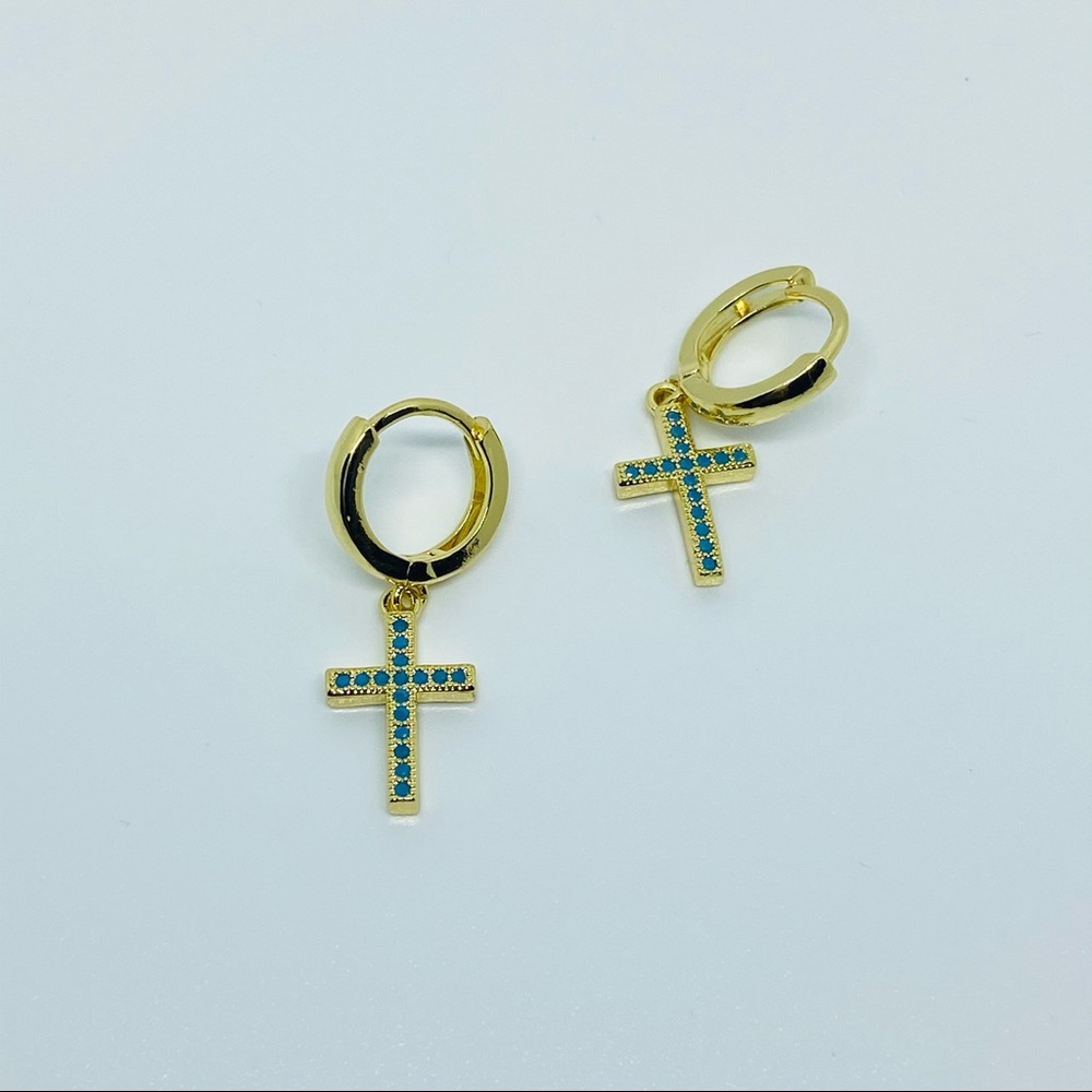 Blue Rhinestone Blue Cross Earrings